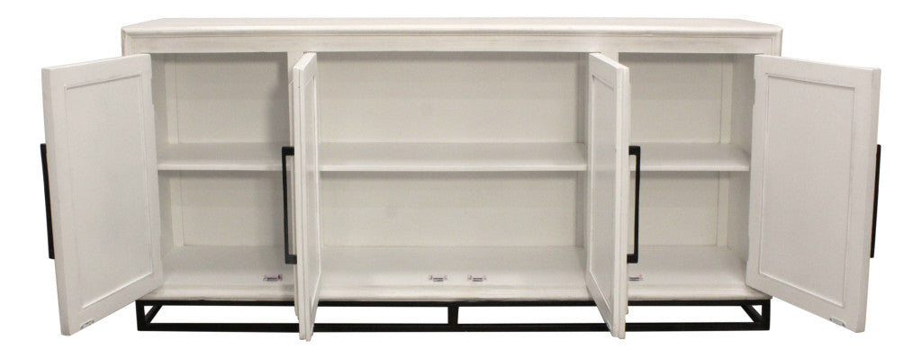 76" Antiqued White Distressed Solid Wood Carved Geometric Sideboard with Four Doors
