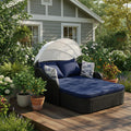 48" Blue Rattan and Cushions Patio Daybed with Toss Pillows