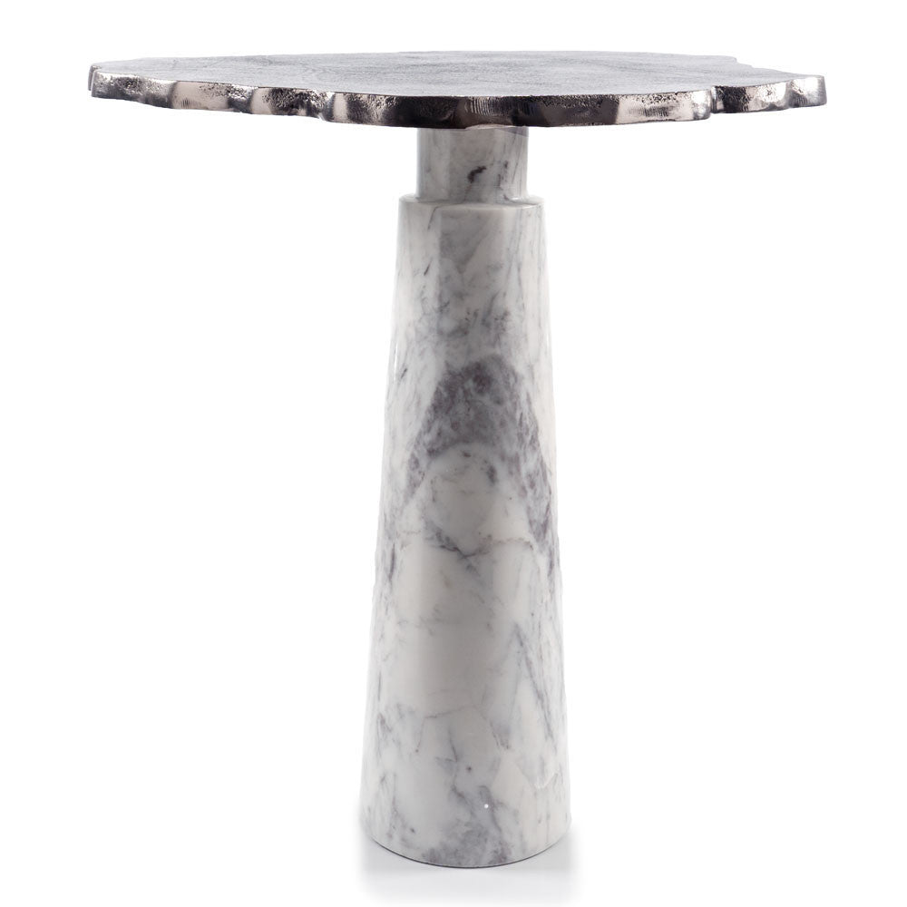 22" Silver and White Aluminum and Marble Pedestal End Table