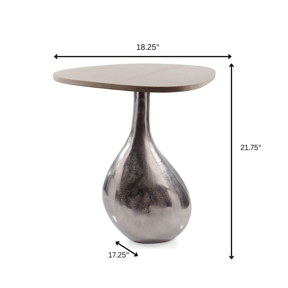 22" Silver And Beige Cast Aluminum And Marble Pedestal End Table