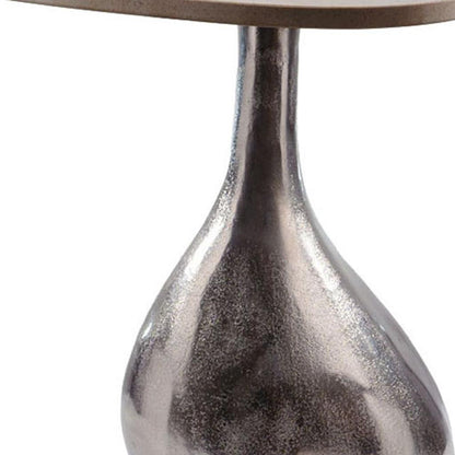 22" Silver And Beige Cast Aluminum And Marble Pedestal End Table