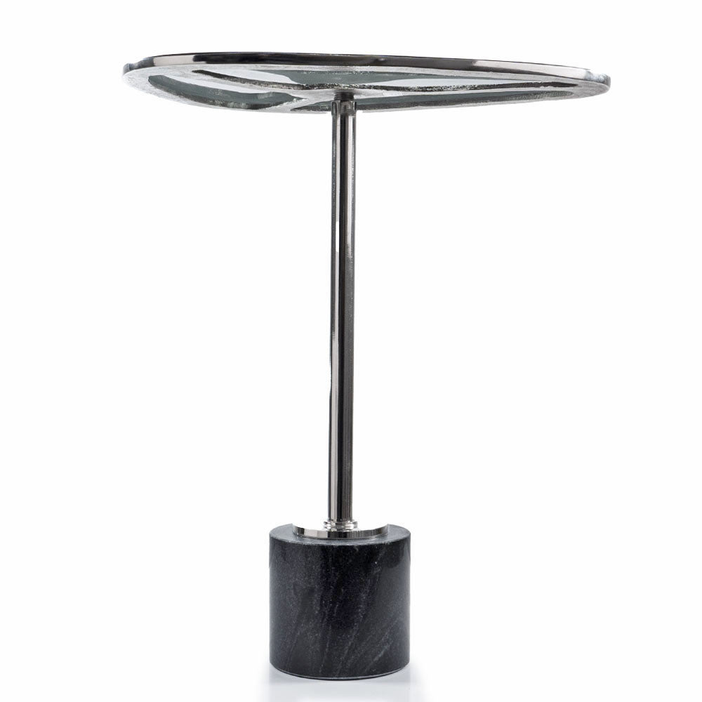 22" Smoky Black and Silver Aluminum Glass and Marble Pedestal End Table