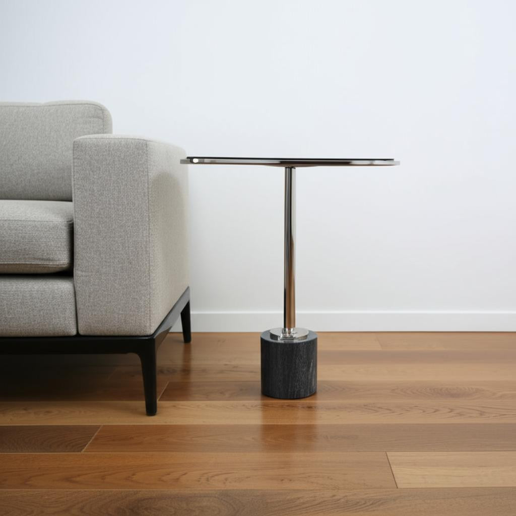 22" Smoky Black and Silver Aluminum Glass and Marble Pedestal End Table