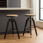 Set of Two Natural and Black Iron and Wood Backless Adjustable Height Swivel Bar Chairs