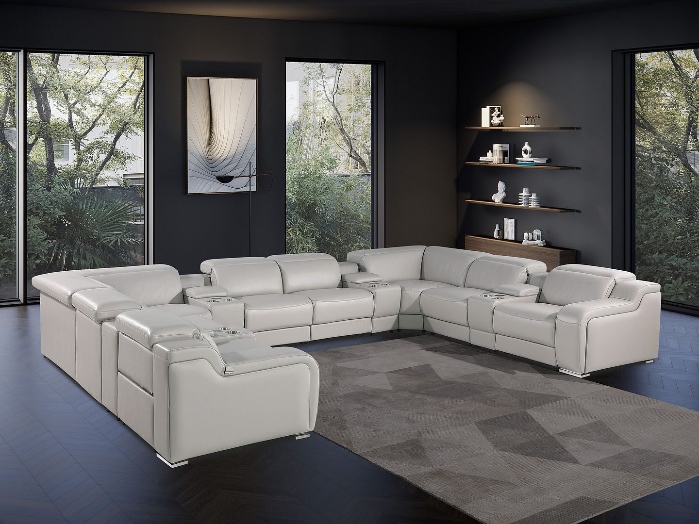 Light Gray Italian Leather Power Reclining U Shaped Twelve Piece Corner Sectional With Console