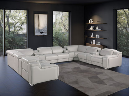 Light Gray Italian Leather Power Reclining U Shaped Twelve Piece Corner Sectional With Console