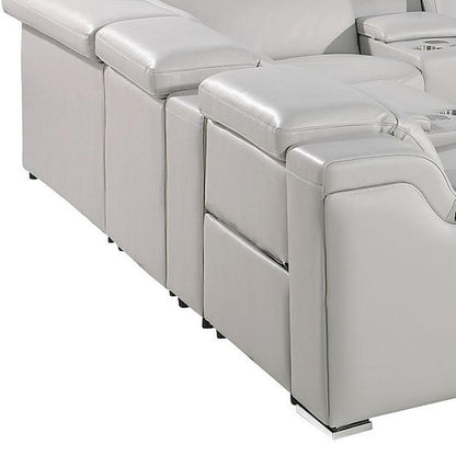 Light Gray Italian Leather Power Reclining U Shaped Twelve Piece Corner Sectional With Console