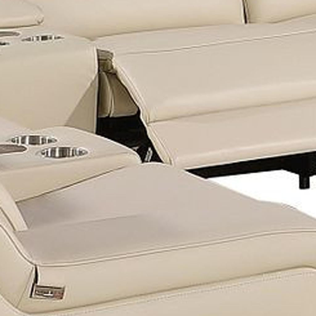 Beige Italian Leather Power Reclining U Shaped Twelve Piece Corner Sectional With Console