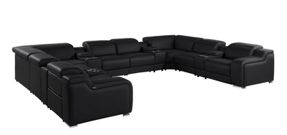 Black Italian Leather Power Reclining U Shaped Twelve Piece Corner Sectional With Console