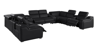 Black Italian Leather Power Reclining U Shaped Twelve Piece Corner Sectional With Console