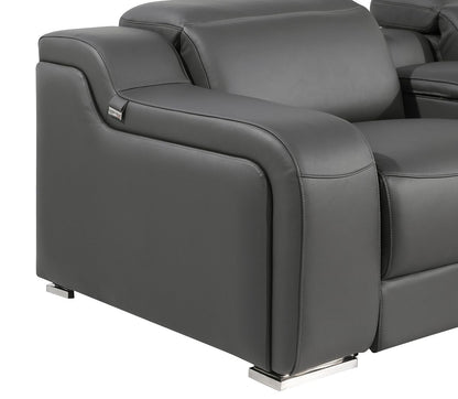 Dark Gray Italian Leather Power Reclining U Shaped Twelve Piece Corner Sectional With Console