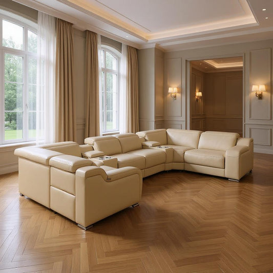 Beige Italian Leather Power Reclining U Shaped Eight Piece Corner Sectional With Console