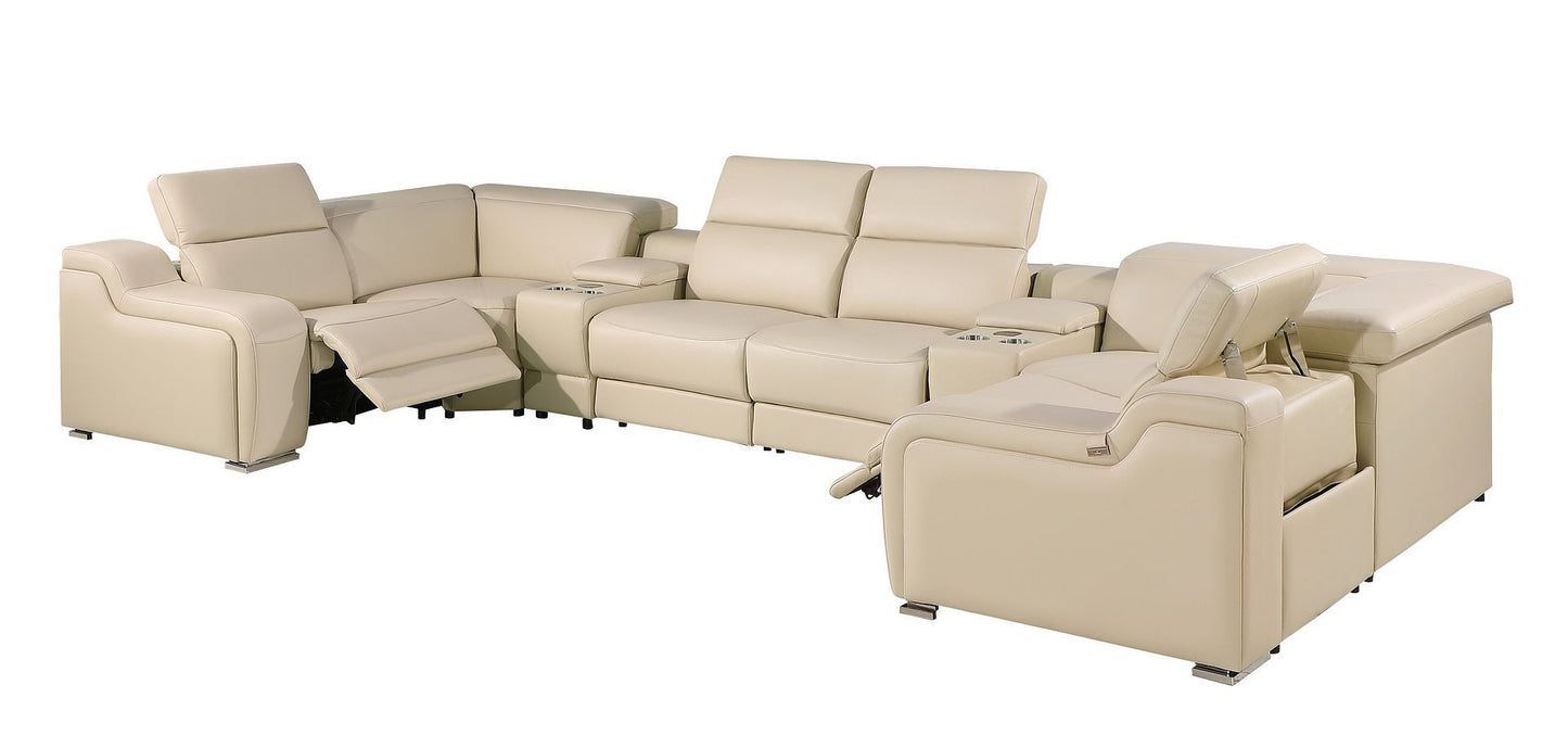 Beige Italian Leather Power Reclining U Shaped Eight Piece Corner Sectional With Console