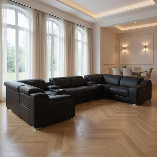 Black Italian Leather Power Reclining U Shaped Eight Piece Corner Sectional With Console