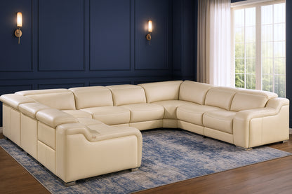 Beige Italian Leather Power Reclining U Shaped Eight Piece Corner Sectional With Console