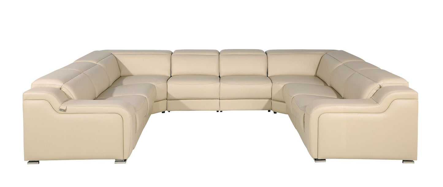 Beige Italian Leather Power Reclining U Shaped Eight Piece Corner Sectional With Console