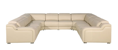 Beige Italian Leather Power Reclining U Shaped Eight Piece Corner Sectional With Console
