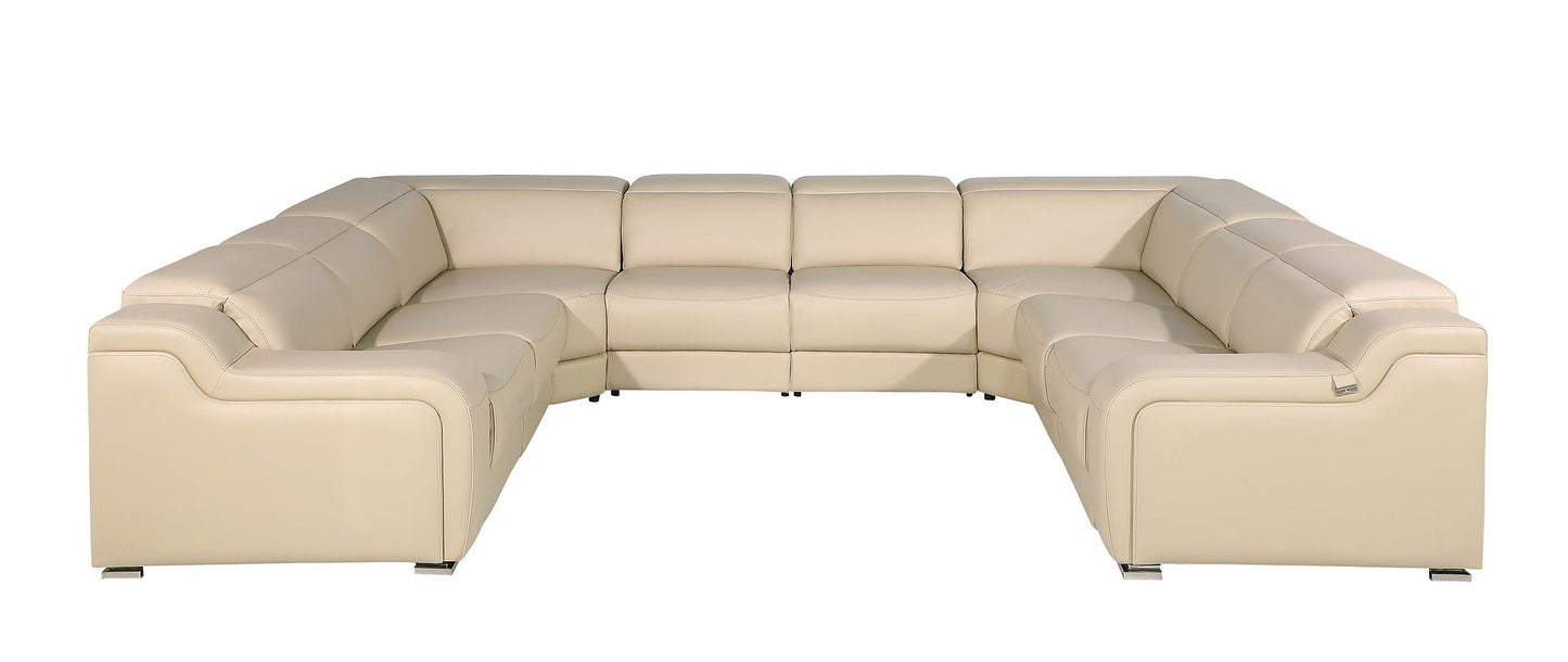 Beige Italian Leather Power Reclining U Shaped Eight Piece Corner Sectional With Console