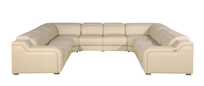 Beige Italian Leather Power Reclining U Shaped Eight Piece Corner Sectional With Console