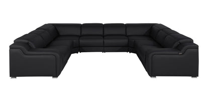 Black Italian Leather Power Reclining U Shaped Eight Piece Corner Sectional With Console