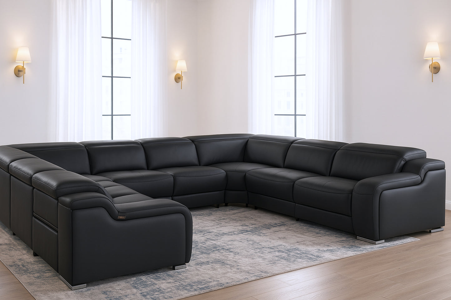 Black Italian Leather Power Reclining U Shaped Eight Piece Corner Sectional With Console