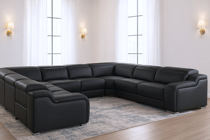 Black Italian Leather Power Reclining U Shaped Eight Piece Corner Sectional With Console