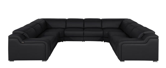 Black Italian Leather Power Reclining U Shaped Eight Piece Corner Sectional With Console