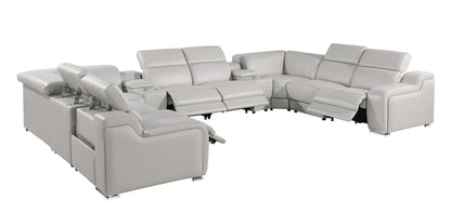 Light Gray Italian Leather Power Reclining U Shaped Ten Piece Corner Sectional With Console