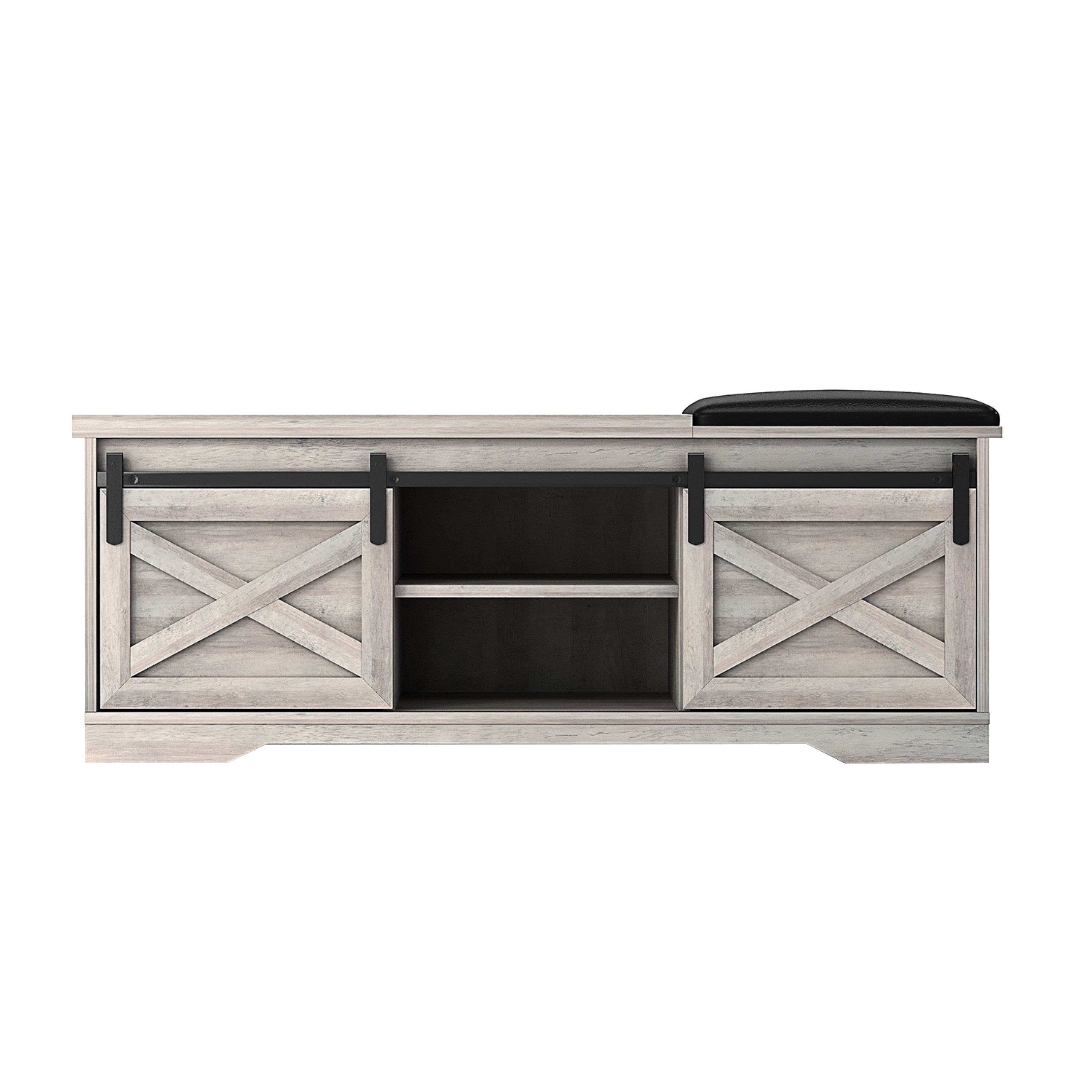 47" Gray And Black Wood And Faux Leather Storage Bench with Shelves