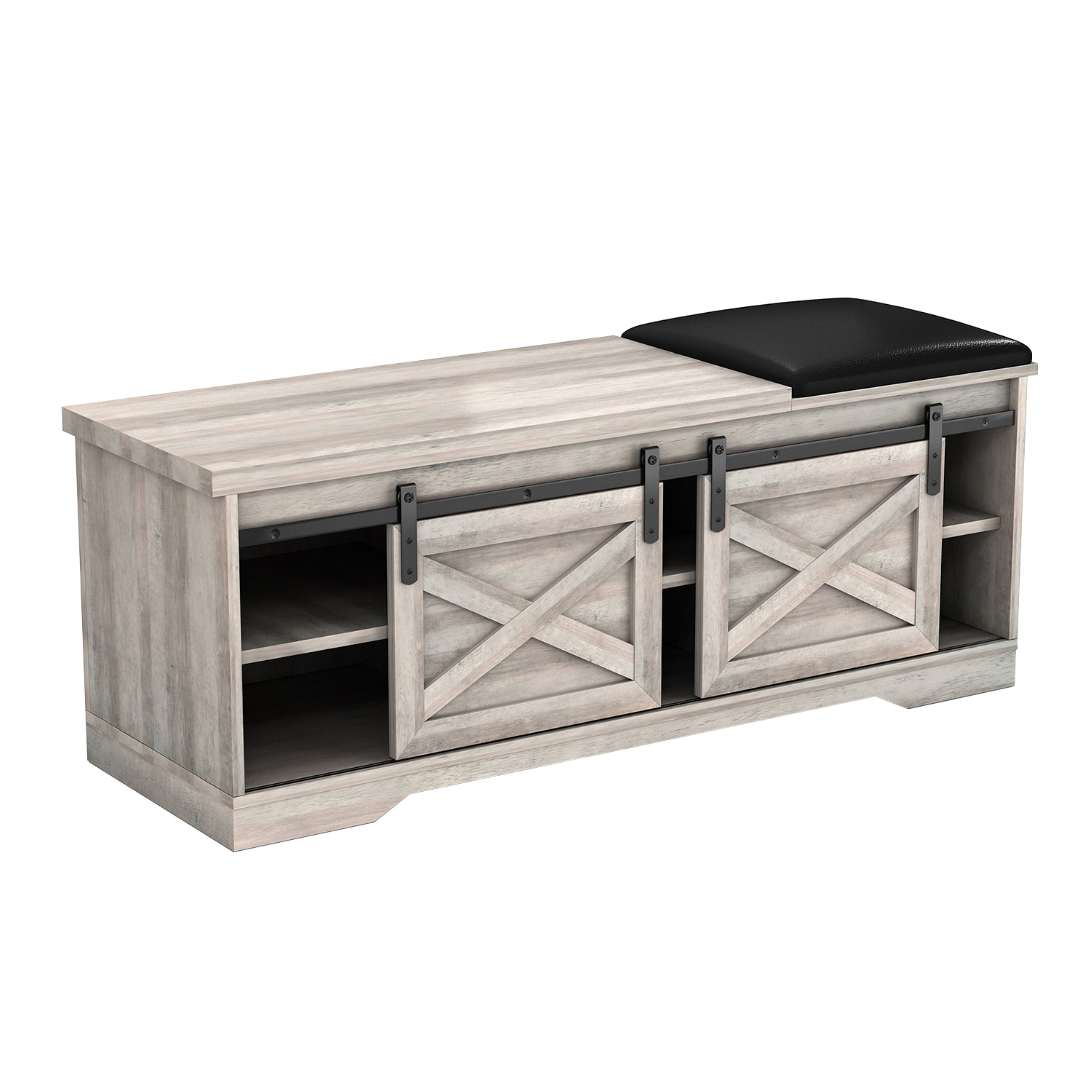 47" Gray And Black Wood And Faux Leather Storage Bench with Shelves