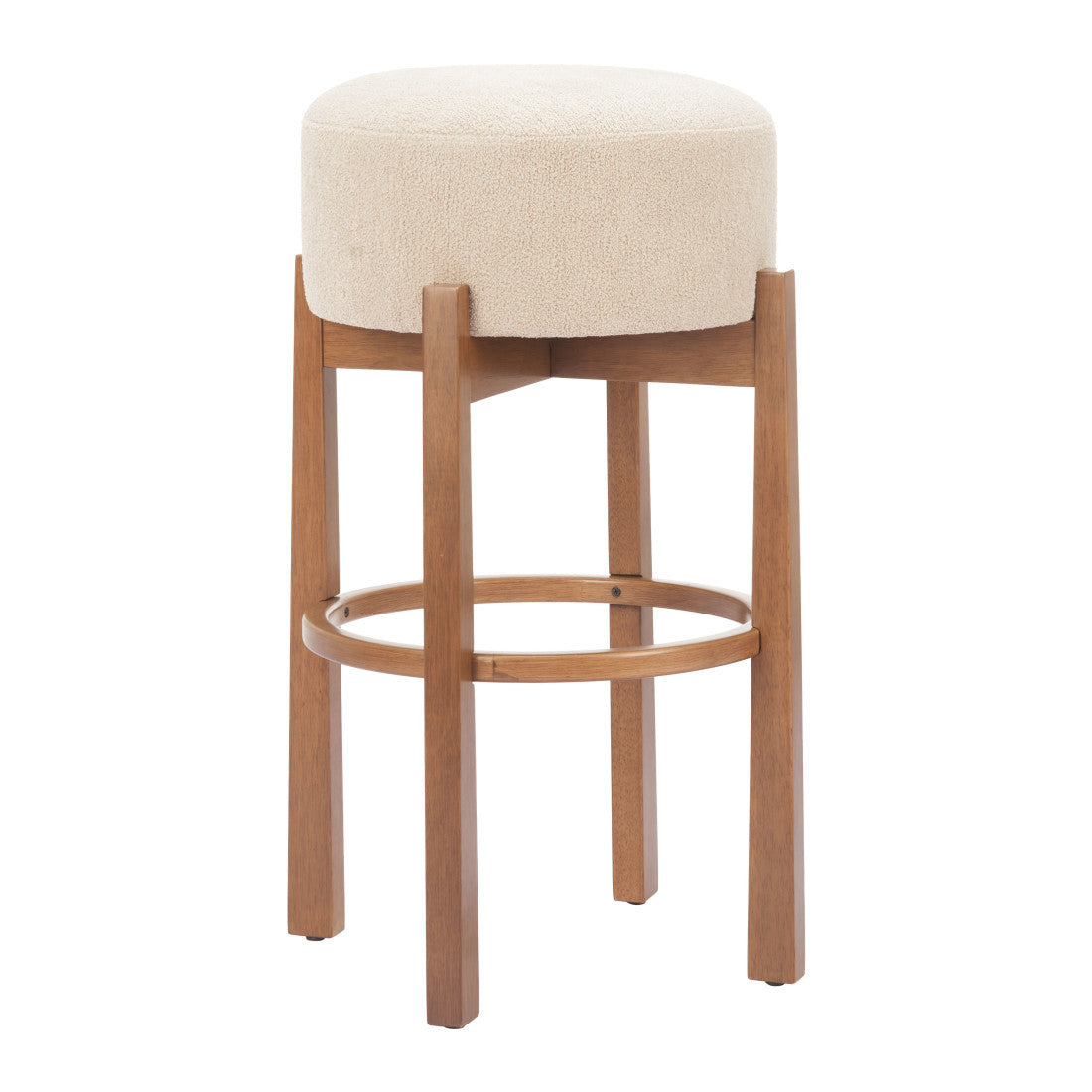 Beige Solid Manufactured Wood Fabric and Wood Backless Bar Chair