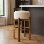 Beige Solid Manufactured Wood Fabric and Wood Backless Bar Chair