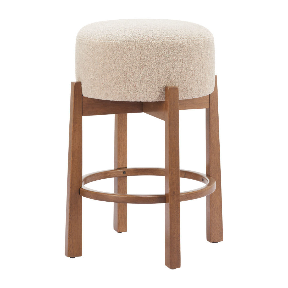 Beige Solid Manufactured Wood Fabric and Wood Backless Bar Chair