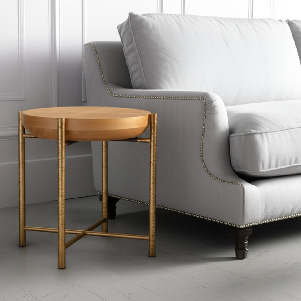 22" Natural and Gold Wood and Stainless Steel Round End Table