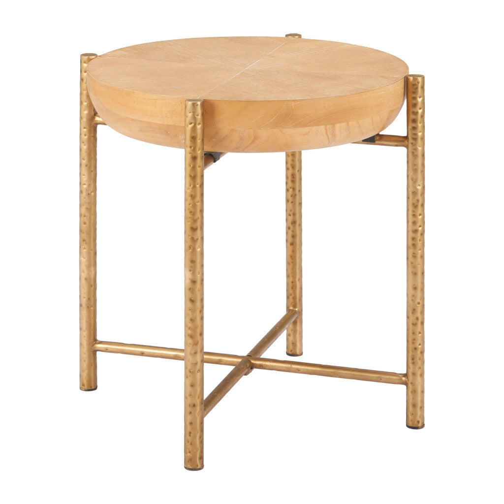 22" Natural and Gold Wood and Stainless Steel Round End Table