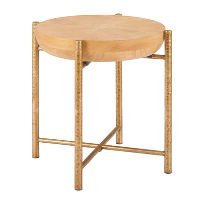 22" Natural and Gold Wood and Stainless Steel Round End Table