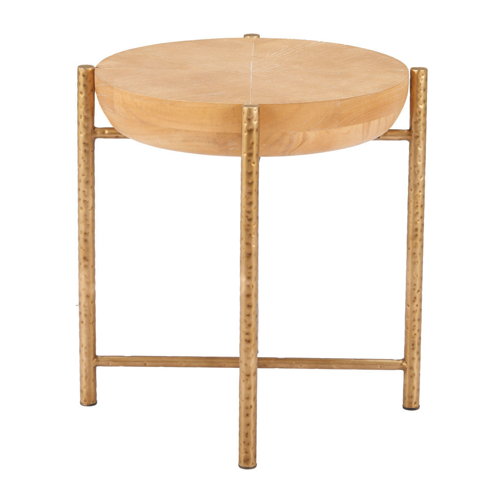 22" Natural and Gold Wood and Stainless Steel Round End Table
