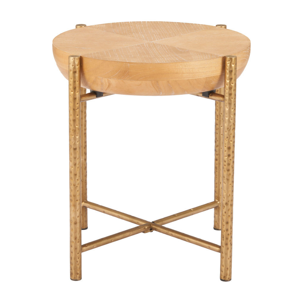 22" Natural and Gold Wood and Stainless Steel Round End Table
