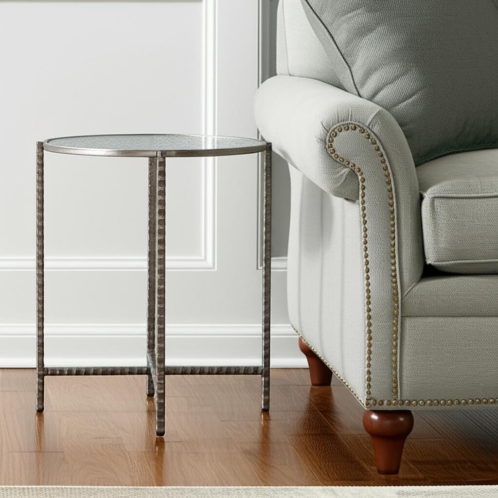 22" Clear and Silver Glass and Distressed Steel Round End Table