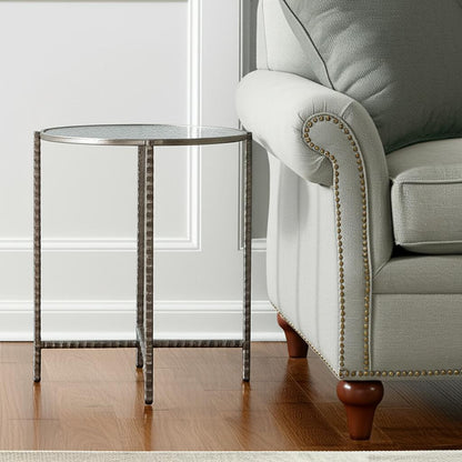 22" Clear and Silver Glass and Distressed Steel Round End Table