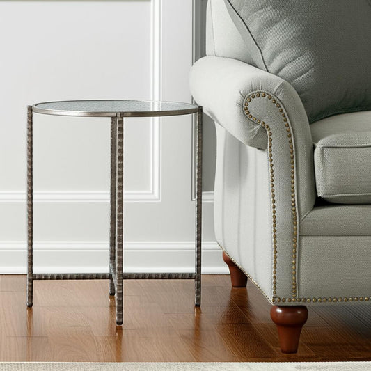 22" Clear and Silver Glass and Distressed Steel Round End Table