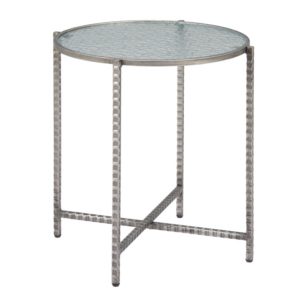 22" Clear and Silver Glass and Distressed Steel Round End Table