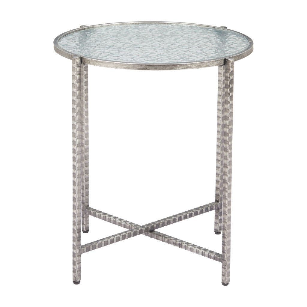 22" Clear and Silver Glass and Distressed Steel Round End Table