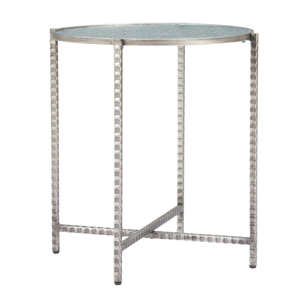 22" Clear and Silver Glass and Distressed Steel Round End Table