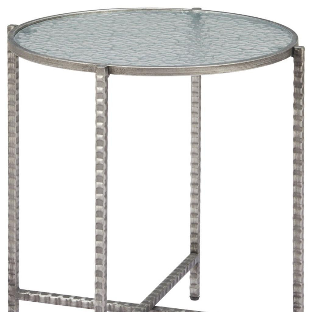 22" Clear and Silver Glass and Distressed Steel Round End Table