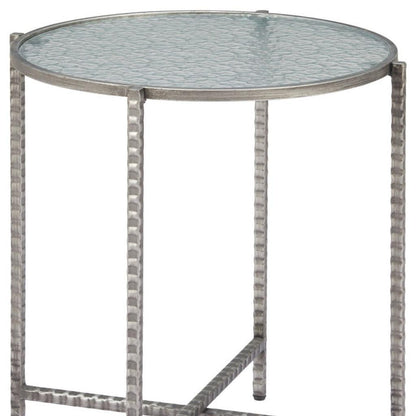 22" Clear and Silver Glass and Distressed Steel Round End Table
