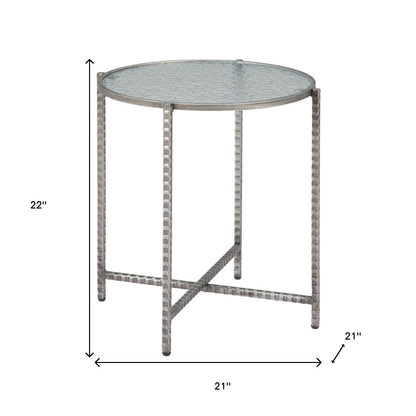 22" Clear and Silver Glass and Distressed Steel Round End Table