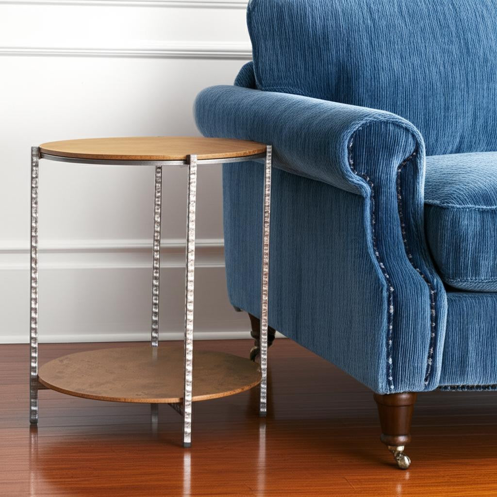 22" Natural and Silver Wood and Steel Round End Table With Shelf