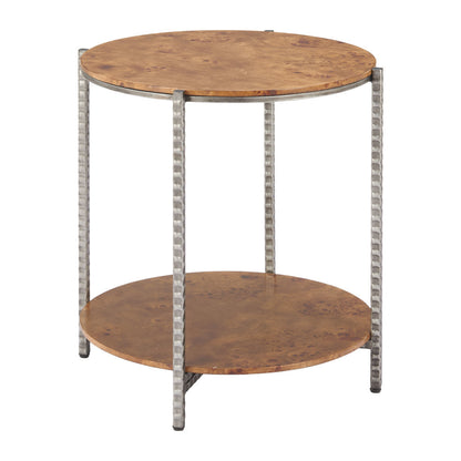 22" Natural and Silver Wood and Steel Round End Table With Shelf