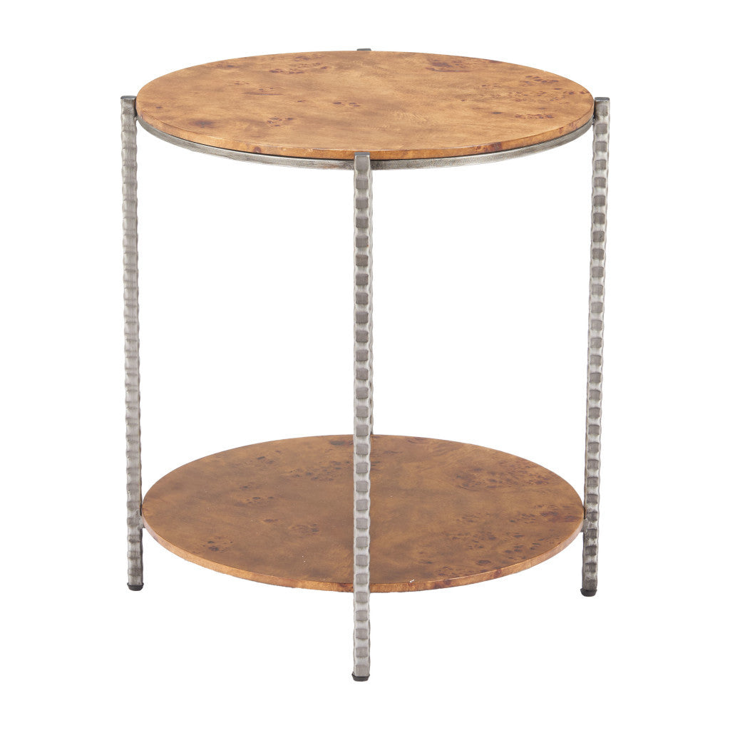22" Natural and Silver Wood and Steel Round End Table With Shelf